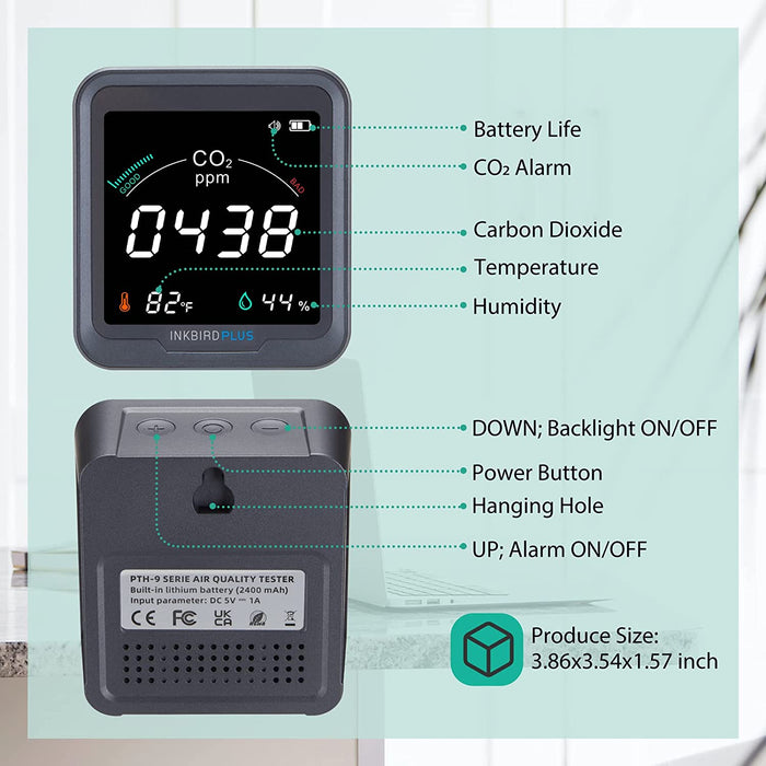 INKBIRDPLUS 3-in-1 PTH-9C Indoor CO2 Detector