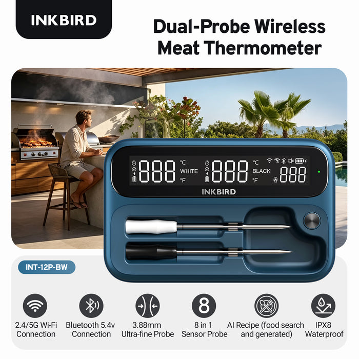 INKBIRD WiFi Bluetooth Meat Thermometer INT-12P-BW with  3.8mm Extra Thin Dual Probe