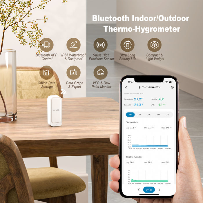 INKBIRD Bluetooth Wireless Thermometer Hygrometer Waterproof ITH-11-B with APP Remote Control Data Storage Export