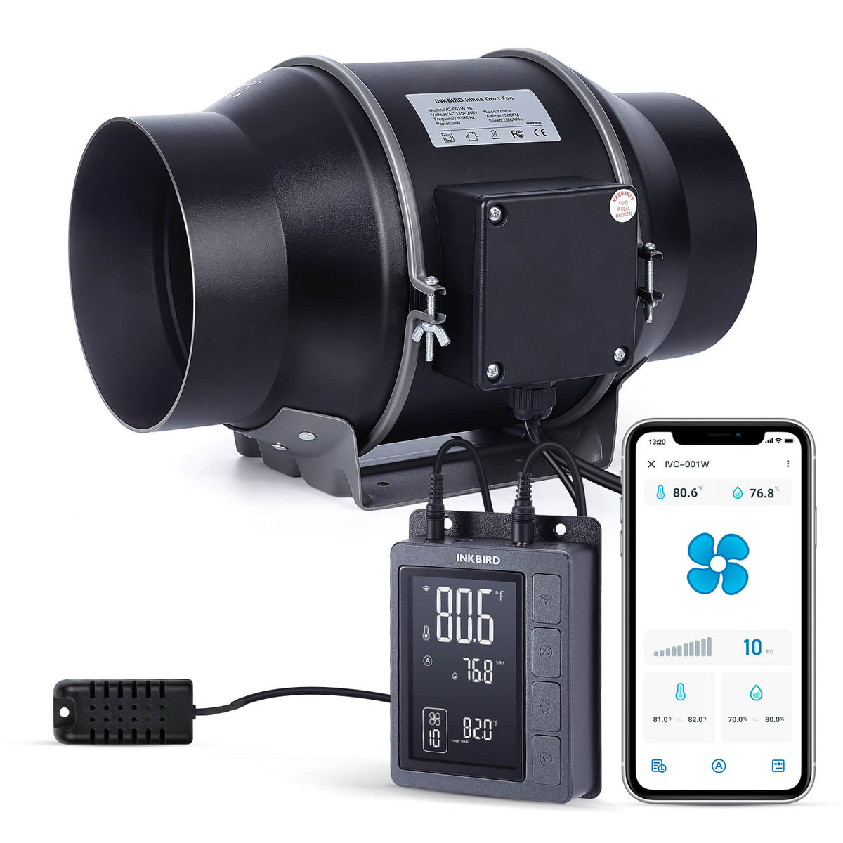 Mini Fan Sensor INKBIRD WiFi 6” Inline Duct Fan with Temperature Humidity Intelligent ...
